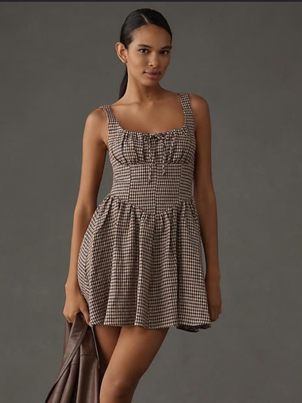 Reformation Brown Gingham Square-Neck Mini Dress Daria